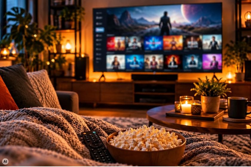 Gemütlicher Fernsehabend auf der Couch mit Popcorn und Fernbedienung vor einem Fernseher mit verschiedenen Streaming-Inhalten.