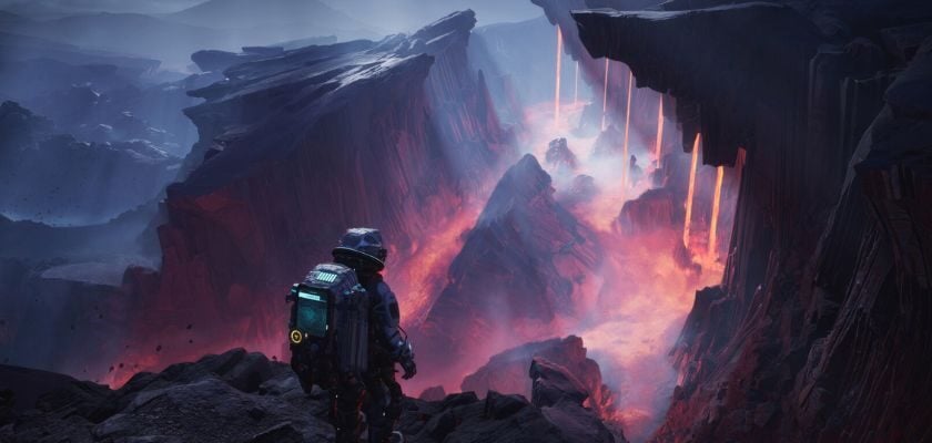 Spielfigur aus The Alters blickt auf eine felsige Landschaft mit glühender Lava und dunklen Bergen.