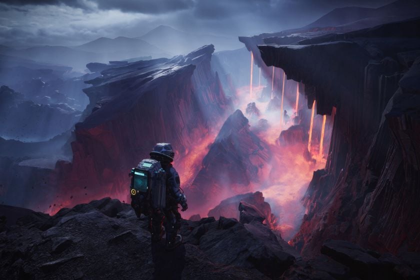Spielfigur aus The Alters blickt auf eine felsige Landschaft mit glühender Lava und dunklen Bergen.