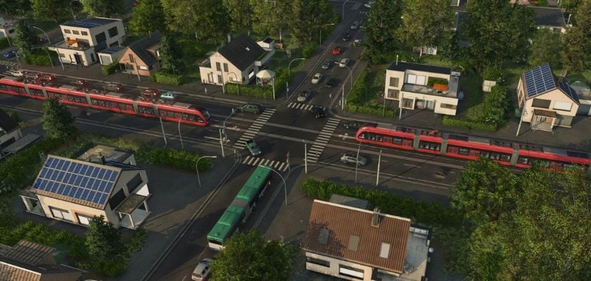 Straßenbahn und Busse an einer Kreuzung in Transport Fever 3