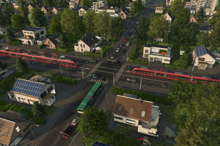 Straßenbahn und Busse an einer Kreuzung in Transport Fever 3