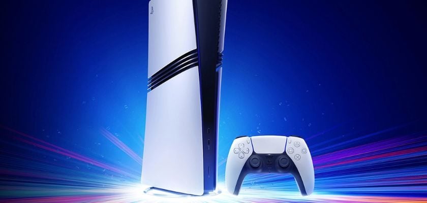 PlayStation 5 Pro mit DualSense-Controller vor blau leuchtendem Hintergrund.