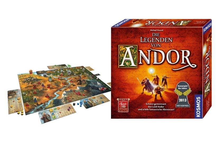 Abbildung des Brettspiels "Die Legenden von Andor" in Spielverpackung und links daneben dem Spielbrett mit Figuren und Würfeln.