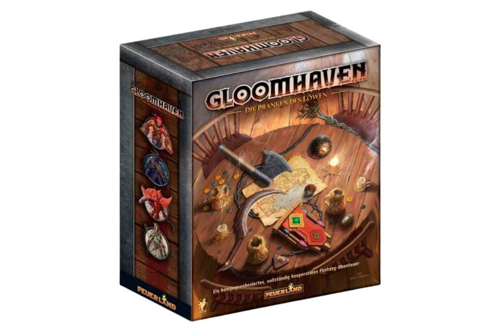Abbildung des Spiels "Gloomhaven - Die Pranken des Löwen" in seiner Spielverpackung.