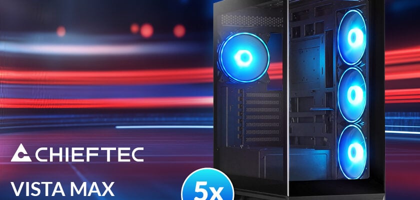 Schwarzes Chieftec Vista Max PC-Gehäuse mit Glasfront, Seitenfenster und blau beleuchteten Lüftern. Hinweis auf die Aktion „Testen. Bewerten. Behalten.“ mit 5 verfügbaren Gehäusen.