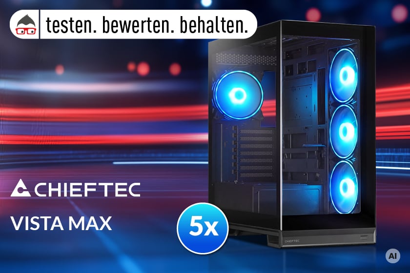 Schwarzes Chieftec Vista Max PC-Gehäuse mit Glasfront, Seitenfenster und blau beleuchteten Lüftern. Hinweis auf die Aktion „Testen. Bewerten. Behalten.“ mit 5 verfügbaren Gehäusen.