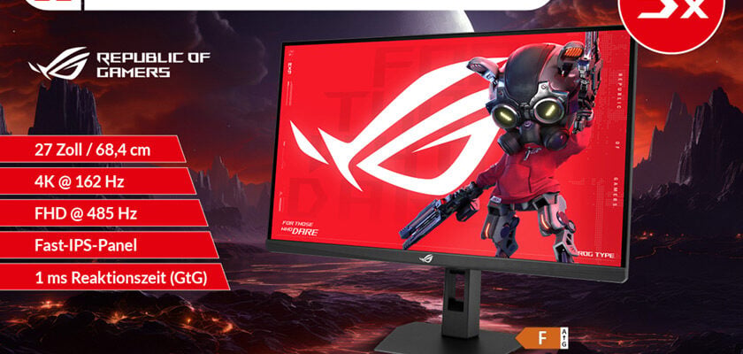 Abbildung des ASUS ROG Strix XG27UCGR mit technischen Details und Hinweis auf die Aktion „Testen. Bewerten. Behalten.“, bei der der Gaming-Monitor 5-mal zum Testen angeboten wird.