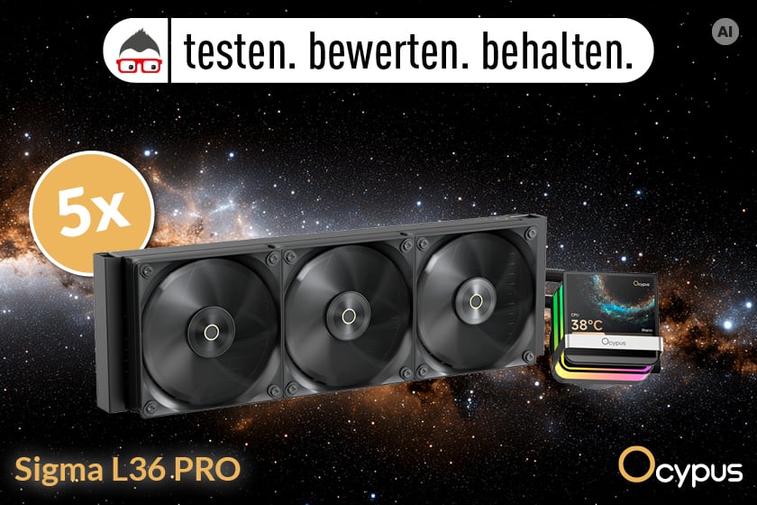Fünf Ocypus Sigma L36 PRO Wasserkühlungen zum Testen, Bewerten und Behalten mit drei Lüftern und Pumpeneinheit mit Display.