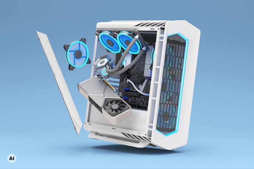 Das Bild zeigt einen weißen Gaming-PC mit teilweise geöffnetem beziehungsweise auseinandergezogen dargestelltem Gehäuse. Im Inneren sind unter anderem eine große Grafikkarte, das Mainboard, eine Wasserkühlung mit Schläuchen sowie mehrere blau beleuchtete Lüfter zu sehen. Die Front besitzt ein schwarzes Mesh-Gitter mit blauer Beleuchtung. Der PC ist vor einem hellblauen Hintergrund dargestellt.