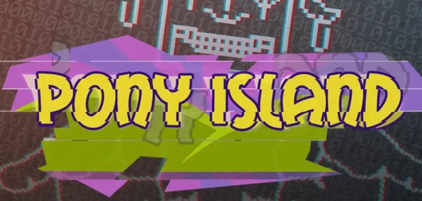 Buntes Pony-Island-Logo vor einem dunklen Hintergrund mit verzerrter Pixelgrafik und einer teuflischen Gestalt.