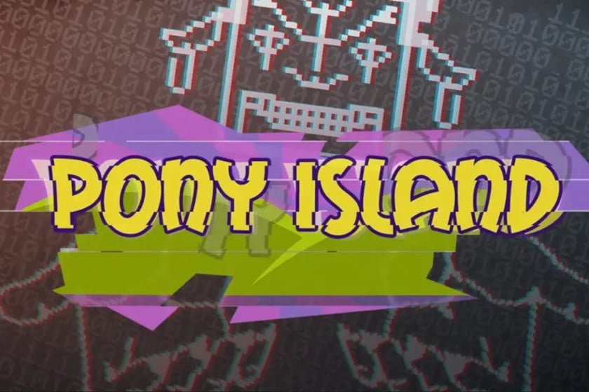Buntes Pony-Island-Logo vor einem dunklen Hintergrund mit verzerrter Pixelgrafik und einer teuflischen Gestalt.
