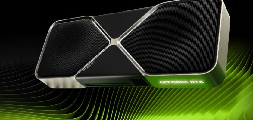 Nvidia GeForce RTX 5080 Grafikkarte in Schwarz und Silber vor einem dunklen Hintergrund mit grünen Wellenlinien.
