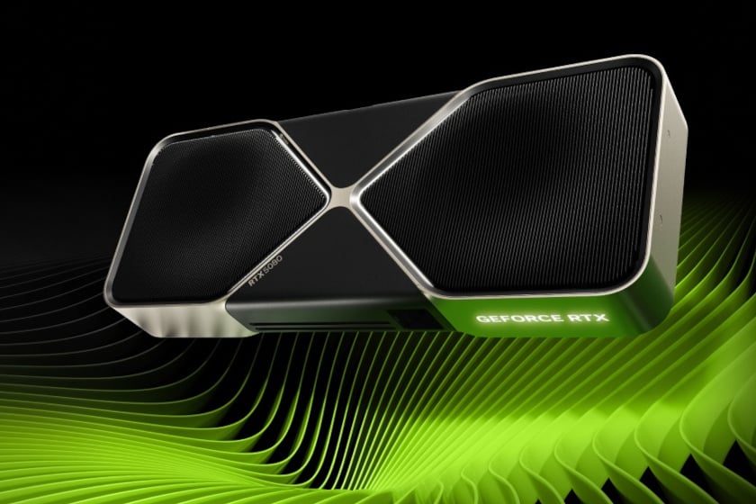 Nvidia GeForce RTX 5080 Grafikkarte in Schwarz und Silber vor einem dunklen Hintergrund mit grünen Wellenlinien.