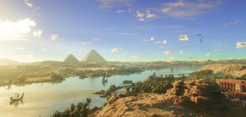 Blick auf den Nil mit mehreren Schiffen, Palmen am Flussufer und zwei Pyramiden im Hintergrund aus dem Ägypten-DLC „Erwachen des Deltas“ für Anno 117: Pax Romana.