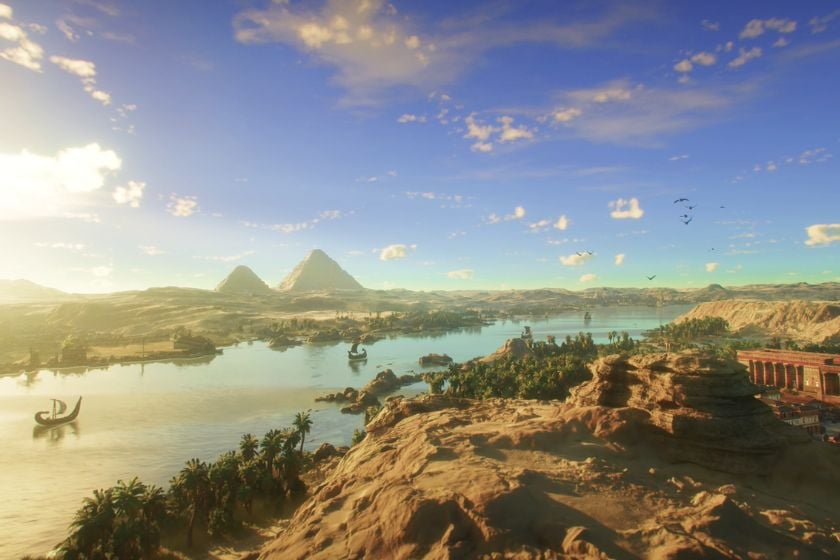 Blick auf den Nil mit mehreren Schiffen, Palmen am Flussufer und zwei Pyramiden im Hintergrund aus dem Ägypten-DLC „Erwachen des Deltas“ für Anno 117: Pax Romana.