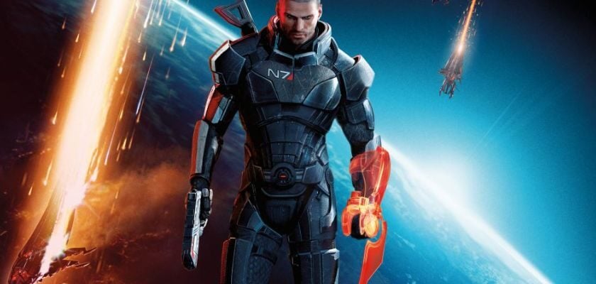 Commander Shepard aus Mass Effect 3 steht in seiner N7-Rüstung mit einer Waffe vor einem Planeten, während im Hintergrund Raumschiffe abstürzen.