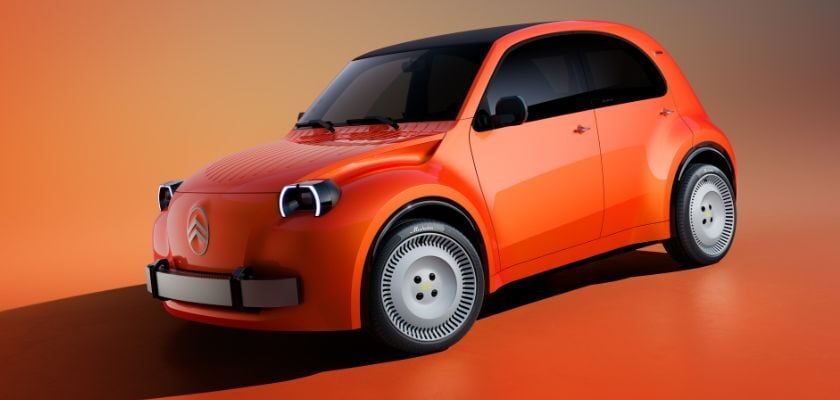 Orangefarbener Citroën 2CV Concept mit runden Frontscheinwerfern, weißen Felgen und schwarzem Faltdach vor orangefarbenem Hintergrund.