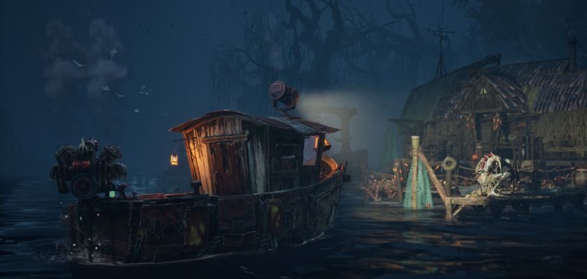 Altes Fischerboot auf dunklem Wasser vor einer beleuchteten Holzhütte in einer nebligen Spielszene aus DREADMOOR.
