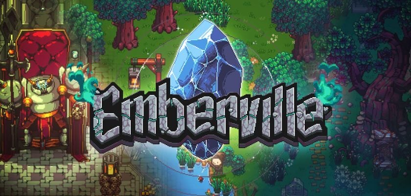 Pixel-Art-Grafik aus Emberville mit dem Schriftzug des Spiels vor einem leuchtenden blauen Kristall, umgeben von Bäumen, Gebäuden und einem Fluss.