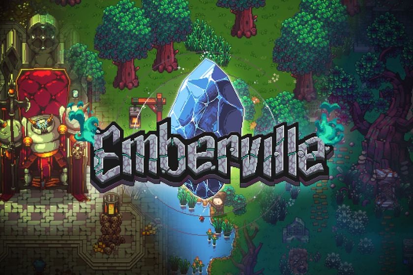 Pixel-Art-Grafik aus Emberville mit dem Schriftzug des Spiels vor einem leuchtenden blauen Kristall, umgeben von Bäumen, Gebäuden und einem Fluss.