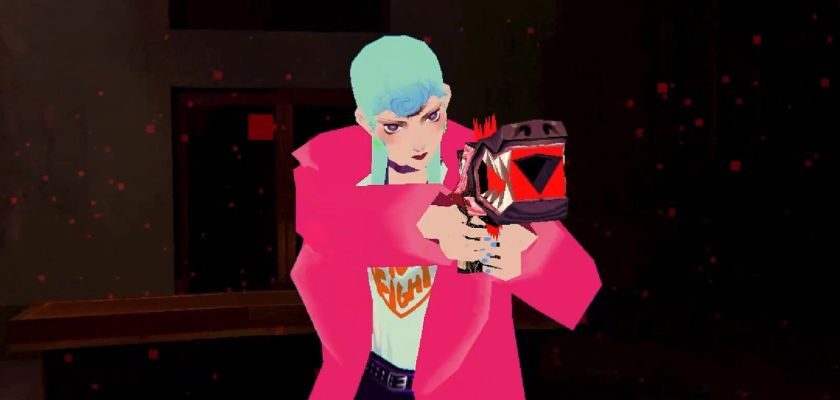 Die Protagonistin Michelle aus Sorry We’re Closed zielt mit einer dämonischen Waffe auf einen Gegner. Sie trägt eine pinke Jacke und hat türkisfarbene Haare.