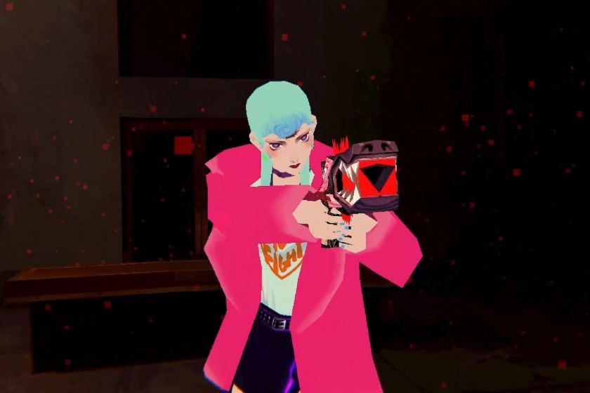 Die Protagonistin Michelle aus Sorry We’re Closed zielt mit einer dämonischen Waffe auf einen Gegner. Sie trägt eine pinke Jacke und hat türkisfarbene Haare.