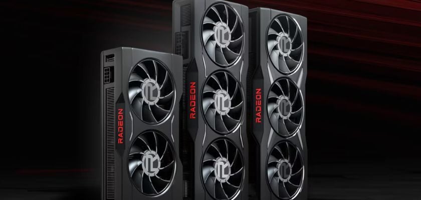Drei Grafikkarten der AMD Radeon RX 6000-Serie mit unterschiedlich großen Kühlsystemen vor dunkelrotem Hintergrund.