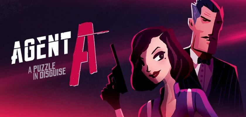 Illustration zum Rätselspiel Agent A: A Puzzle in Disguise mit einer bewaffneten Spionin und einem Geheimagenten vor einem pink-violetten Hintergrund.
