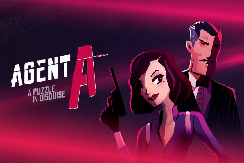 Illustration zum Rätselspiel Agent A: A Puzzle in Disguise mit einer bewaffneten Spionin und einem Geheimagenten vor einem pink-violetten Hintergrund.