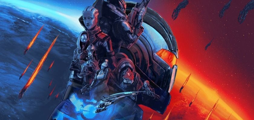 Mehrere Charaktere aus Mass Effect stehen vor einem Raumschiff, während im Hintergrund ein Planet und zahlreiche Raumschiffe zu sehen sind.