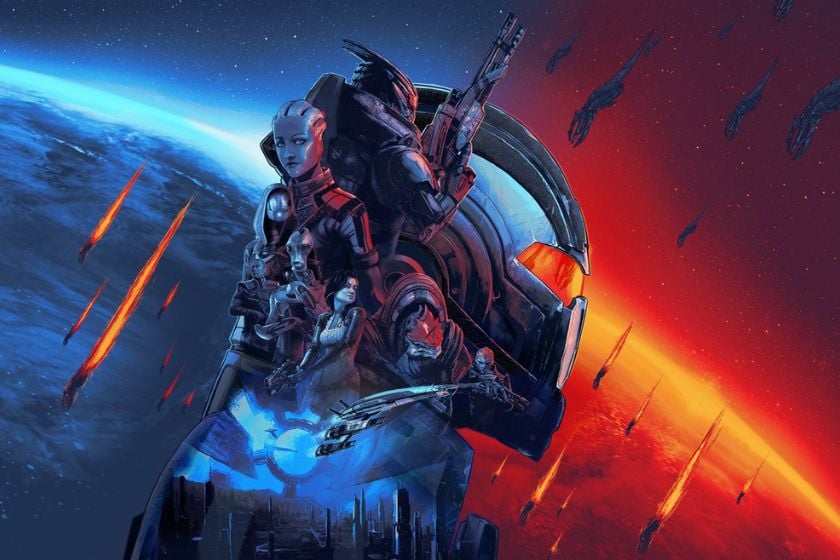 Mehrere Charaktere aus Mass Effect stehen vor einem Raumschiff, während im Hintergrund ein Planet und zahlreiche Raumschiffe zu sehen sind.