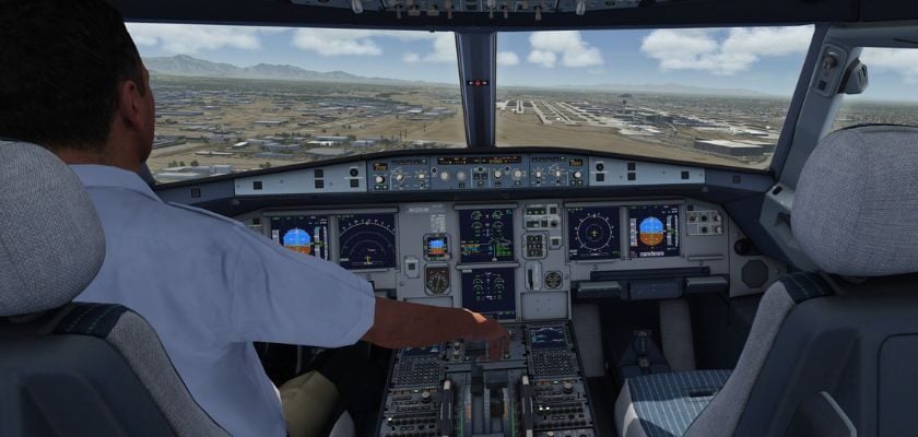 Pilot im Cockpit eines Passagierflugzeugs in Aerofly FS 4 mit zahlreichen Instrumenten und Blick auf die Landebahn während des Landeanflugs.