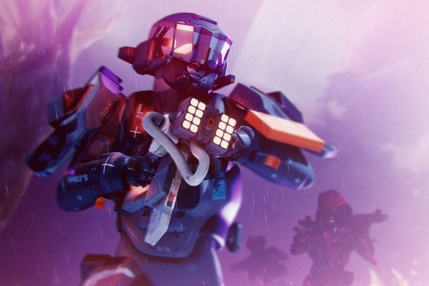 Ein futuristisch gepanzerter Runner aus Marathon steht im violetten Regen, während im Hintergrund eine weitere bewaffnete Figur zu sehen ist.