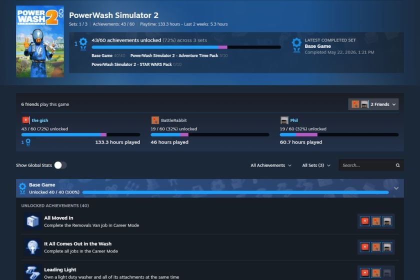 Steam-Achievement-Übersicht für PowerWash Simulator 2 mit Fortschrittsbalken, freigeschalteten Erfolgen und einem Vergleich mit Freunden.