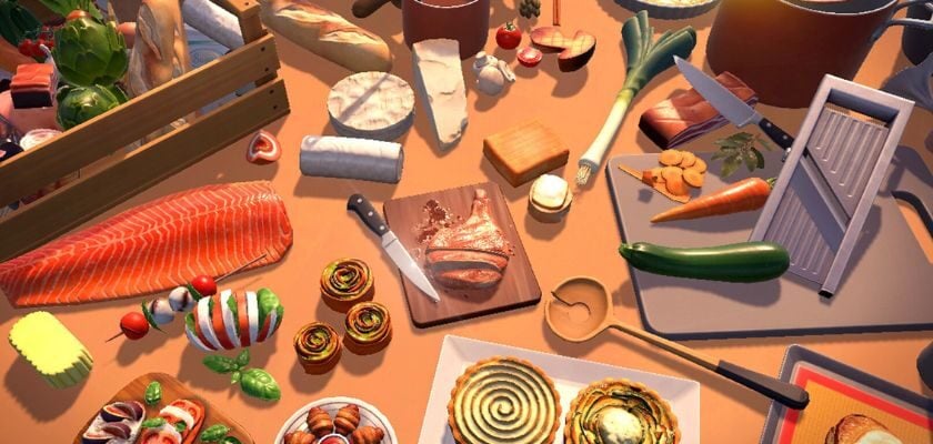 Verschiedene Zutaten, zubereitete Gerichte und Küchenutensilien aus Chef Life: A Restaurant Simulator auf einer Arbeitsfläche.