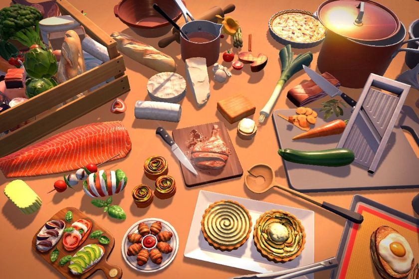 Verschiedene Zutaten, zubereitete Gerichte und Küchenutensilien aus Chef Life: A Restaurant Simulator auf einer Arbeitsfläche.