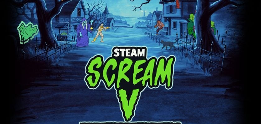 Illustration zum Steam Scream V Fest mit gruseliger Dorfkulisse, Halloween-Figuren und dem grünen Event-Schriftzug im Vordergrund.
