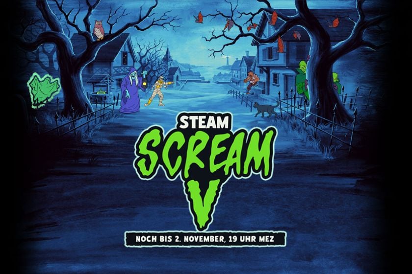 Illustration zum Steam Scream V Fest mit gruseliger Dorfkulisse, Halloween-Figuren und dem grünen Event-Schriftzug im Vordergrund.