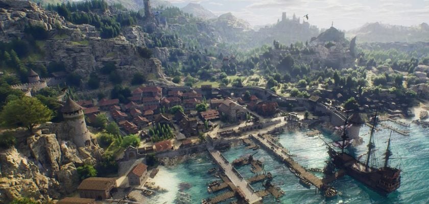 Spielszene aus ArcheAge Chronicles mit einer mittelalterlichen Küstenstadt, einem Hafen mit Segelschiff und einer weitläufigen Berglandschaft im Hintergrund.