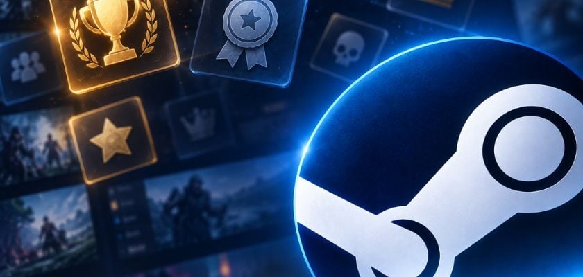 Großes Steam-Logo vor einer unscharfen Spielebibliothek mit schwebenden Achievement-Symbolen, darunter eine goldene Trophäe und eine silberne Medaille.