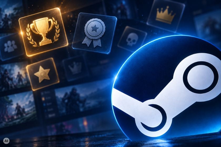 Großes Steam-Logo vor einer unscharfen Spielebibliothek mit schwebenden Achievement-Symbolen, darunter eine goldene Trophäe und eine silberne Medaille.