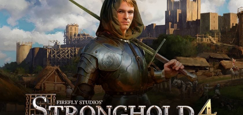 Gerüsteter Ritter mit Schwert vor einer mittelalterlichen Burg mit dem Schriftzug „Stronghold 4“.