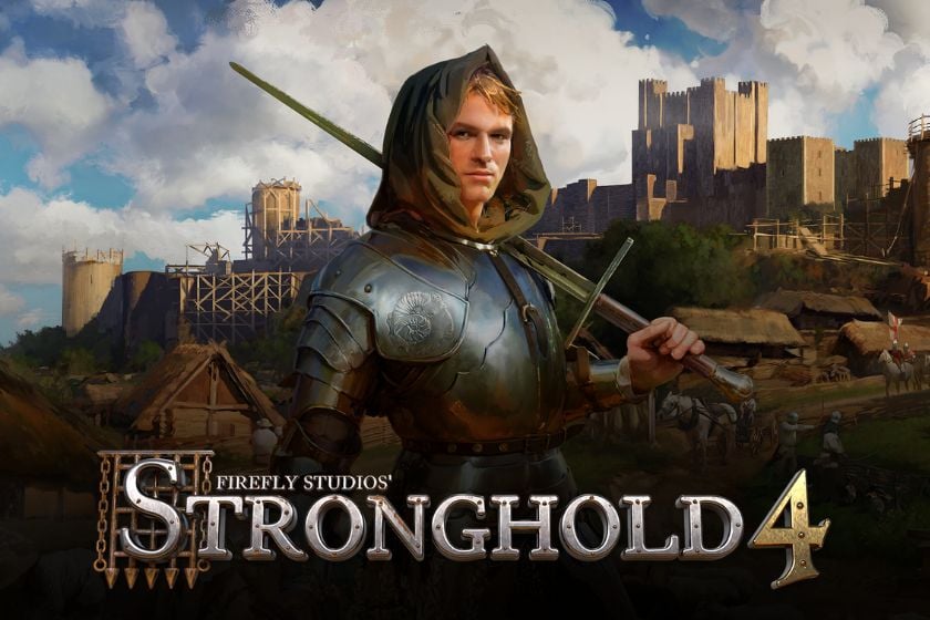 Gerüsteter Ritter mit Schwert vor einer mittelalterlichen Burg mit dem Schriftzug „Stronghold 4“.