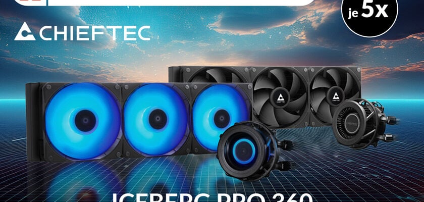 Werbegrafik zur Testaktion „testen. bewerten. behalten.“ mit jeweils fünf Chieftec ICEBERG PRO 360 Wasserkühlungen in der DARK- und RGB-Variante.