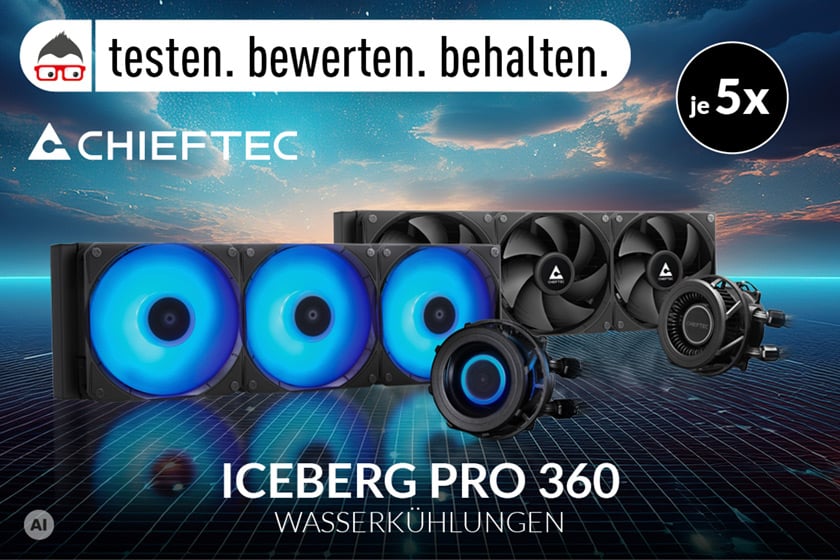 Werbegrafik zur Testaktion „testen. bewerten. behalten.“ mit jeweils fünf Chieftec ICEBERG PRO 360 Wasserkühlungen in der DARK- und RGB-Variante.