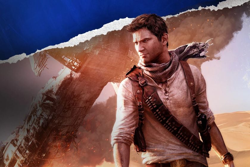Nathan Drake aus Uncharted 3 steht mit Schulterholster und Schal vor einem abgestürzten Flugzeug in der Wüste.
