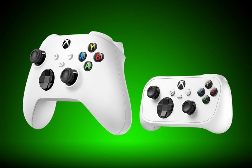 Abbildung des klassischen weißen Xbox Wireless Controllers links und des kleineren Xbox Nano Controllers rechts vor grünem Hintergrund.