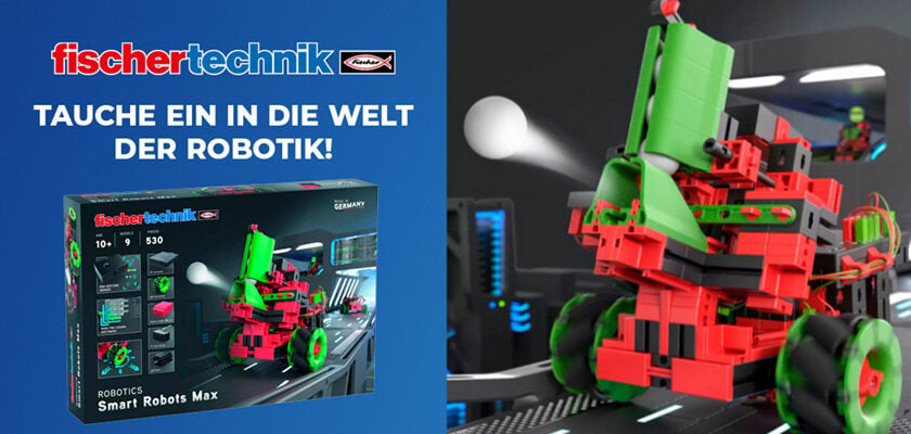 fischertechnik Smart Robots Max mit Verpackung und aufgebautem Robotermodell mit Omniwheels.