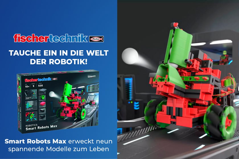 fischertechnik Smart Robots Max mit Verpackung und aufgebautem Robotermodell mit Omniwheels.